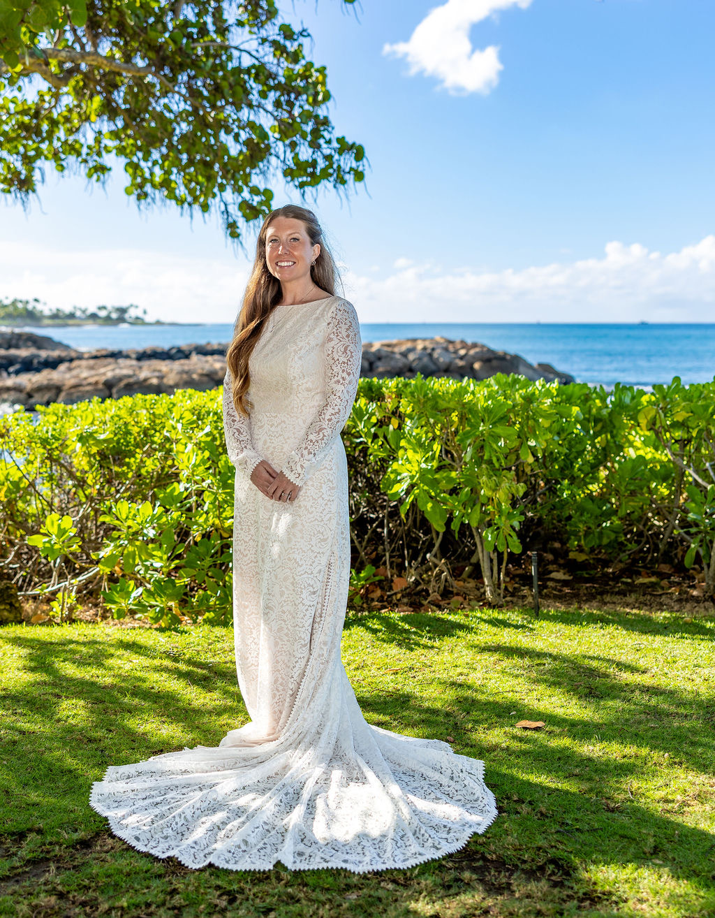 Modest Lace Boho Long Sleeve Wedding Dress A-Line Slit for Beach & Destination Weddings