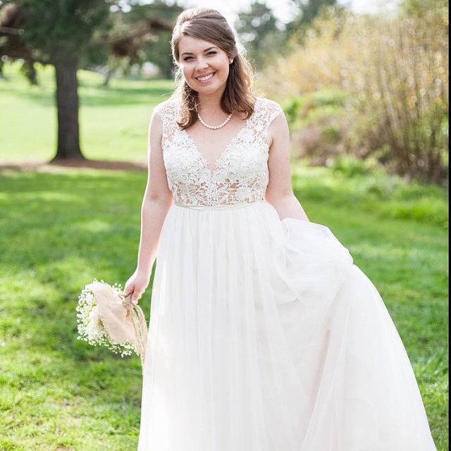 Deep V Cut Open Back Tulle Lace Wedding With Champagne Tulle Dress