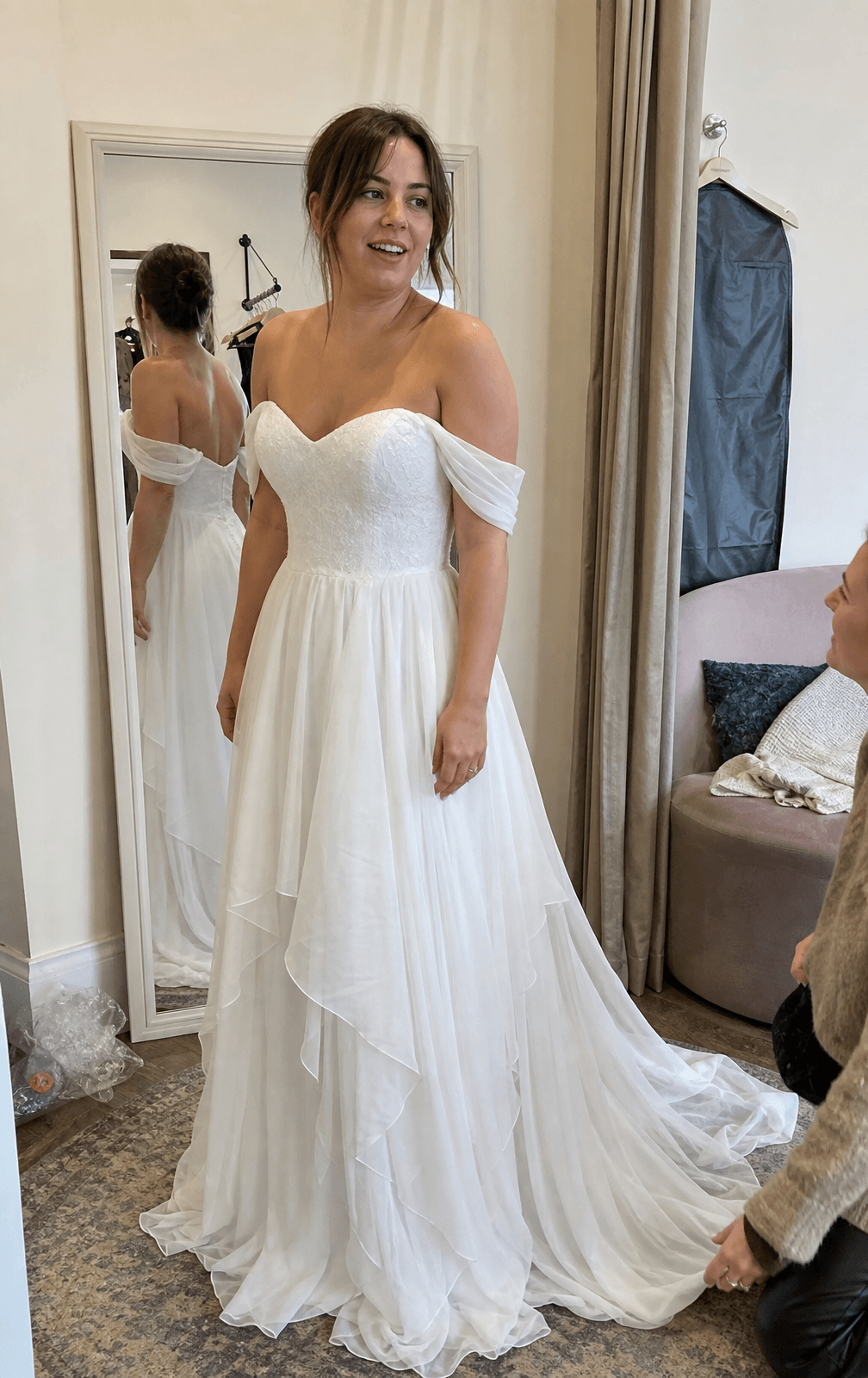 A-Line Chiffon Wedding Dress Off-the-Shoulder Simple Boho Country Gown with Handkerchief Skirt