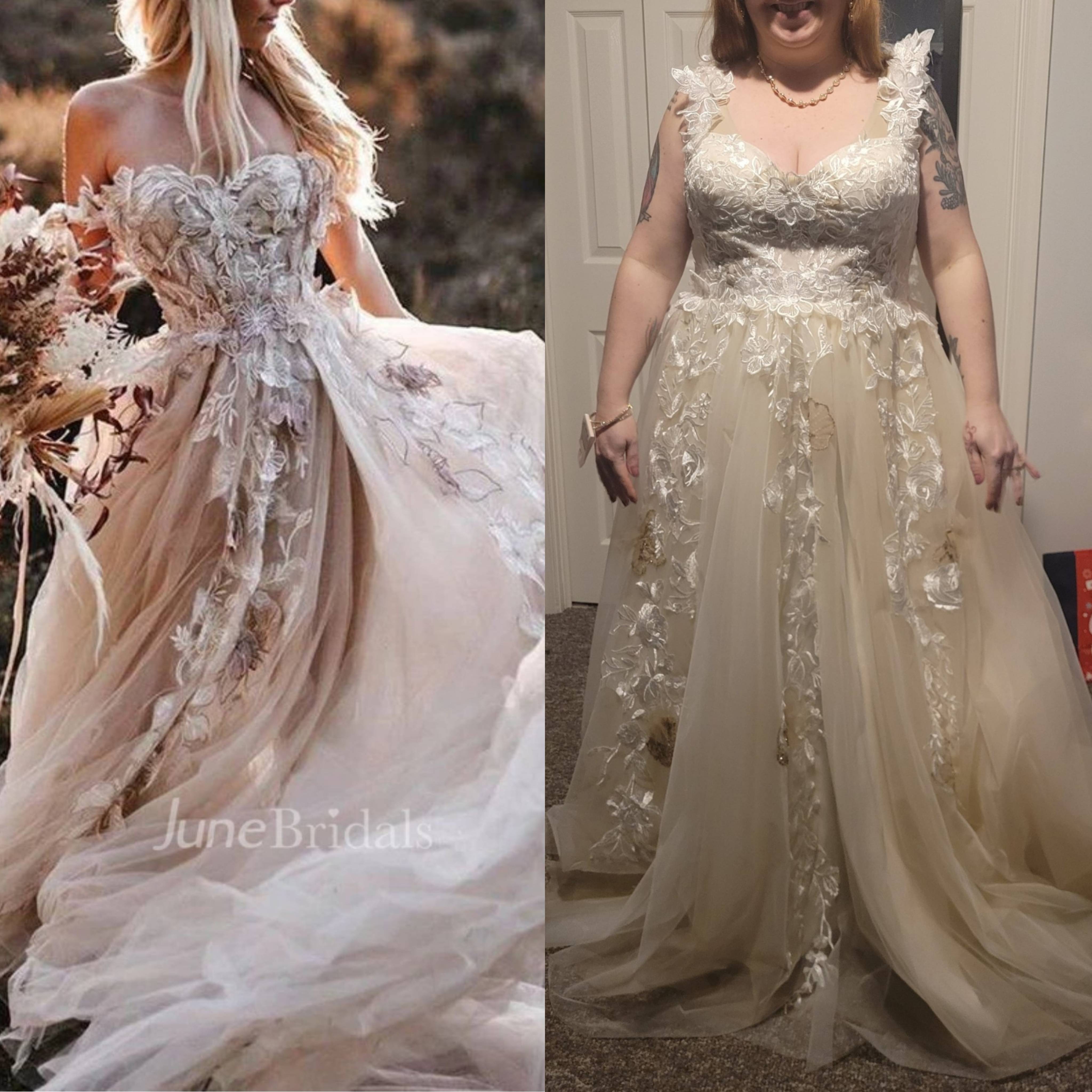 Flowy Country Off The Shoulder Lace Boho Wedding Dress with 3D Floral Applique