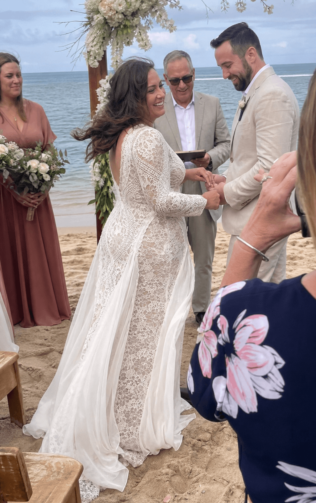 A-Line Lace Long Sleeve Wedding Dress Backless Beach Elopement Bridal Gown
