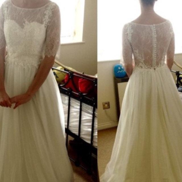 Long A-Line Tulle and Lace Wedding Dress With Elbow Sleeves